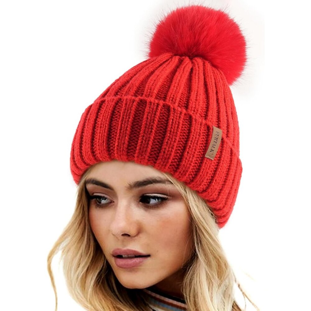 Women's Red Winter Warm Knitted Beanie Faux Fur Pom Knit Skull Style Hat Cap